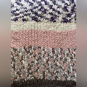 Multi colored (pink, grey, purple, blue, white) about 6 1/2’ x 4’ knit blanket